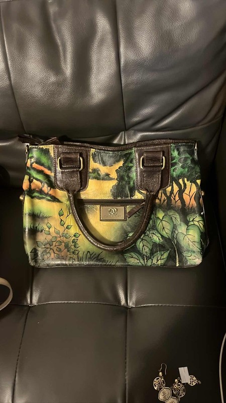 Sharif 1827 Hand Painted Leather Shoulder Bag Purse Jungle Safari Scene