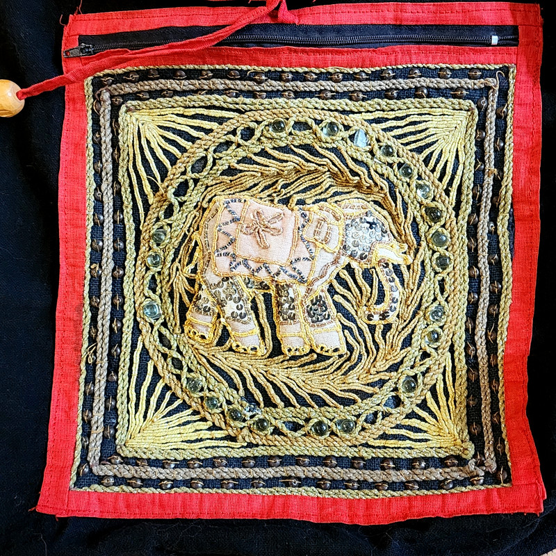 Vintage Black Fabric Drawstring Backpack w/ Embroidered Elephant from Burma gallery