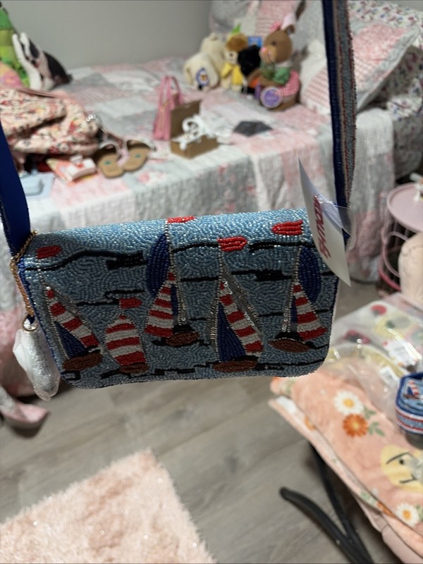 NWT Sailboat Beaded Bag Made in India Coastal 4th of July Statement Purse