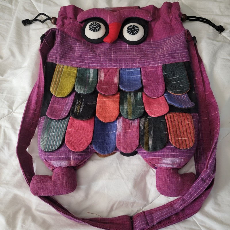Artisan Made Boho Hand Stitched Multicolored Owl Crossboday With Cinch Top 15×11