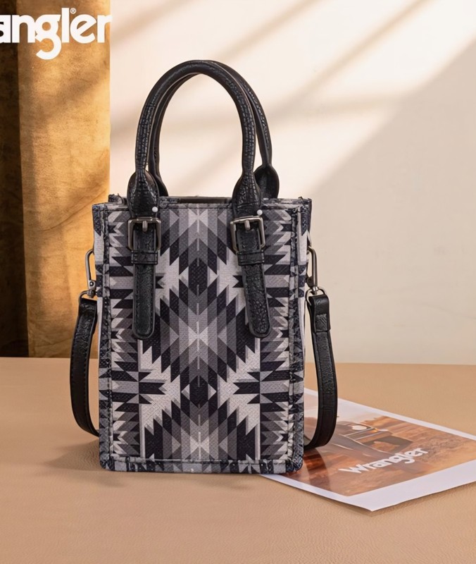 NWT! Boho Wrangler Western Aztec Small Canvas Crossbody Tote Bag Blk & Wh gallery