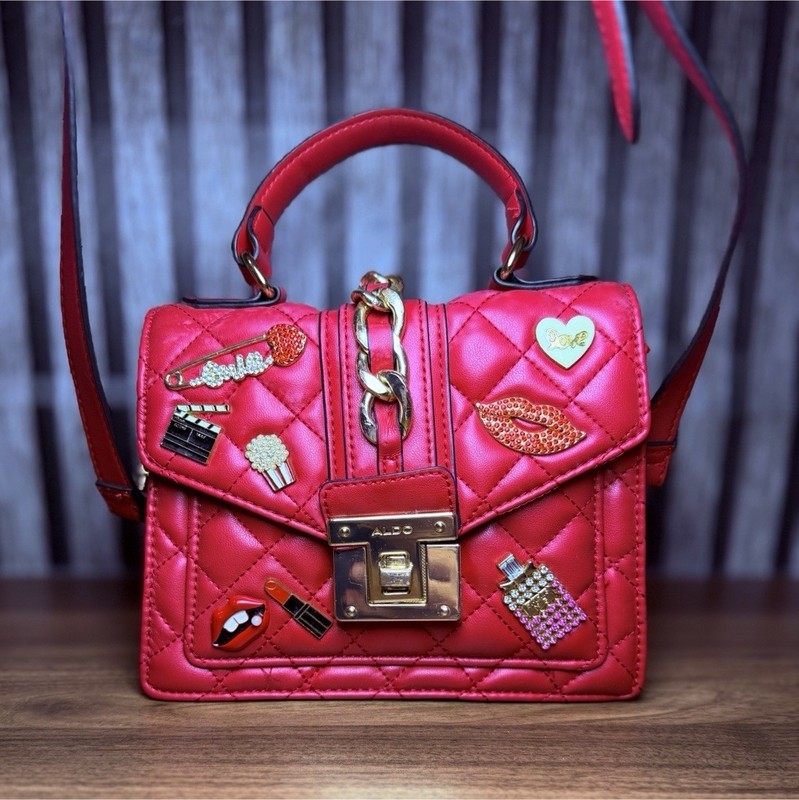 ALDO Red Quilted Top Handle Satchel Crossbody Detachable Strap Gold Chain