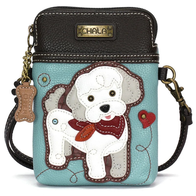 NEW CHALA BLUE WHITE GREY POODLE DOG PUPPY CELL PHONE CROSSBODY PURSE ADJ STRAP