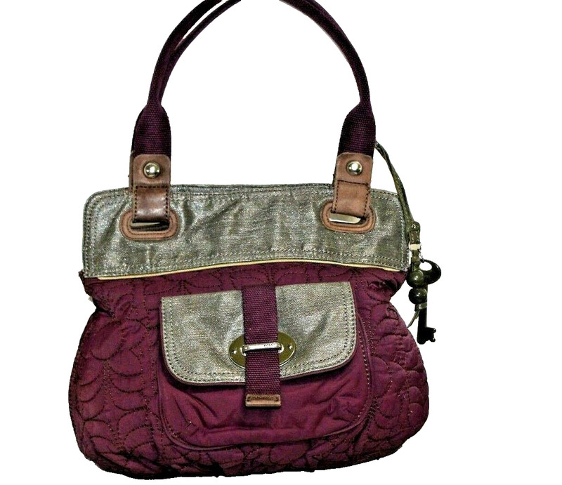 Fossil Key-Per Purse Quilted Purple/Metallic Gray Leather Shoulder Bag Tote