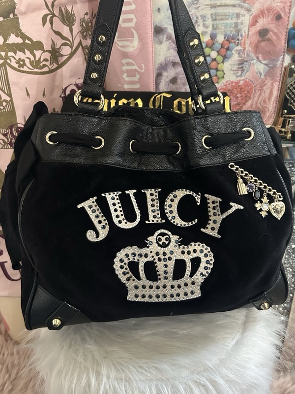 Vintage Y2K Juicy Couture Black Velour Double Bow Sequin Crown Daydreamer Bag