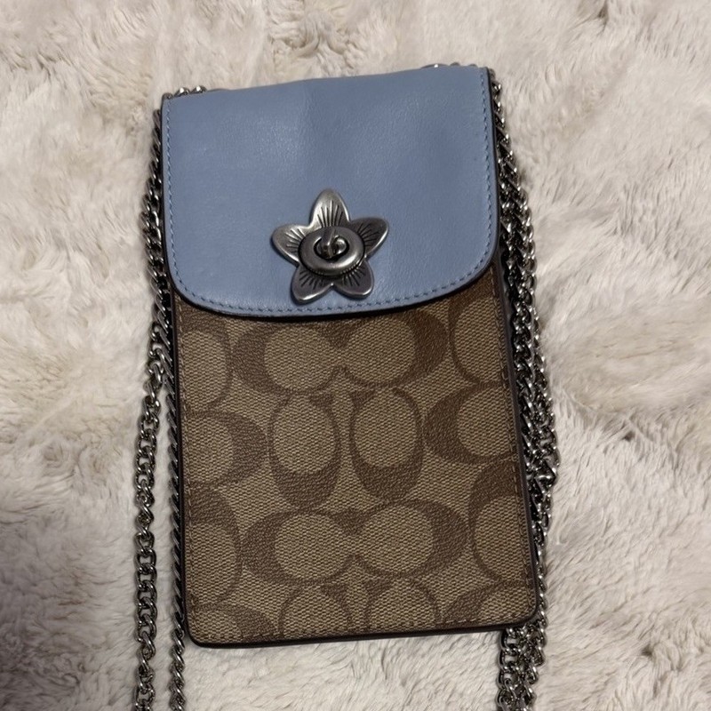 Coach Blue/Brown Signature Logo Crossbody Phone Wallet, Chain Strap, Magnetic