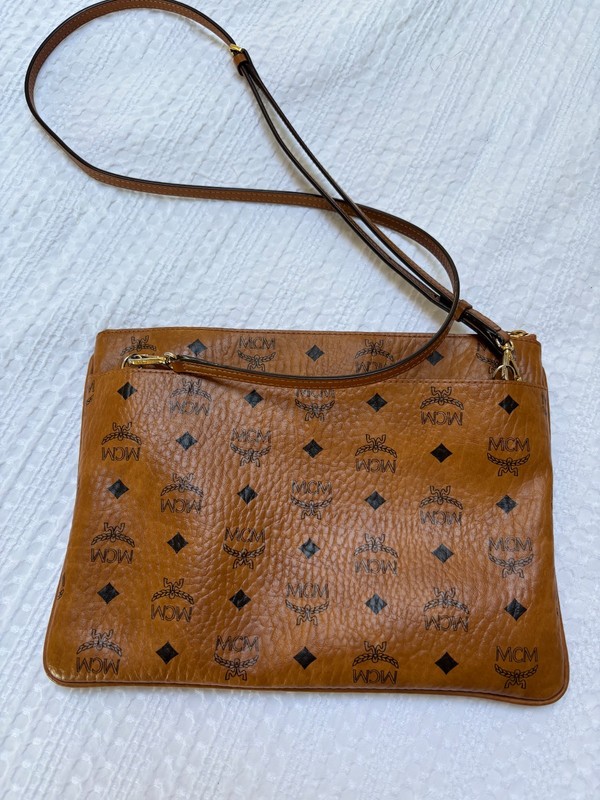 MCM Visetos Medium Crossbody Pouch in Cognac, featuring the classic monogram