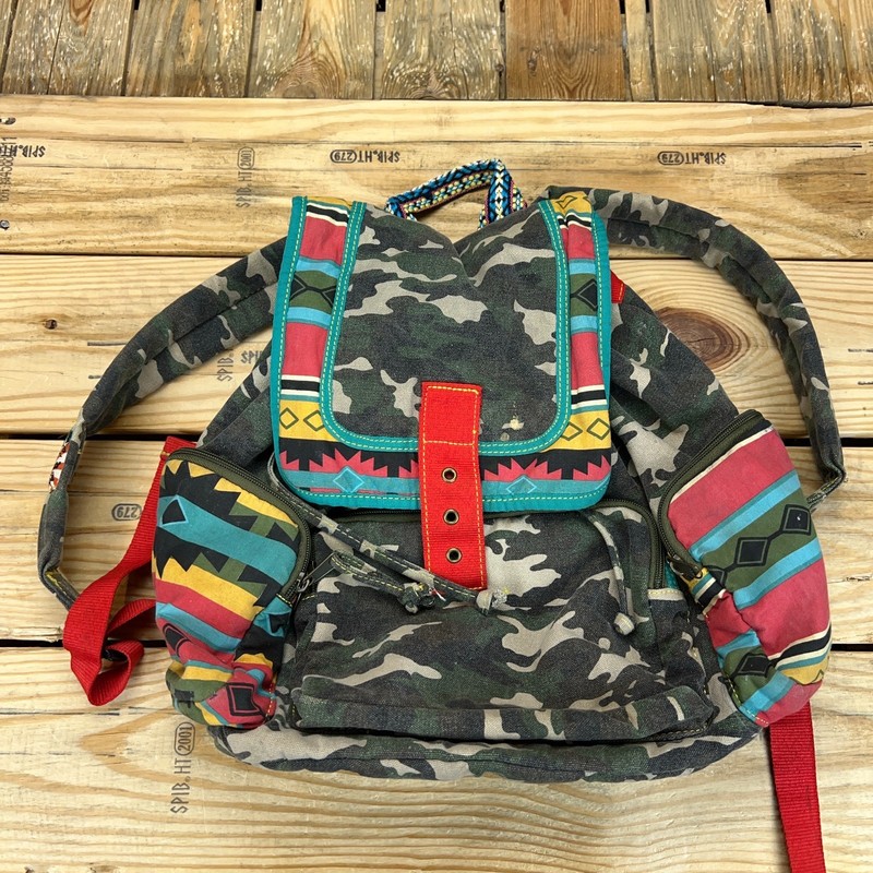 Tigerbear Republik Camo Backpack Multi Pocket Boho Rasta Strap Preowned