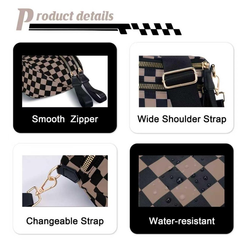 Khaki Black Checkered Crossbody Spacious Nylon Mom Purse Fanny Pack Bum Bag gallery