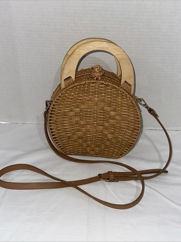 ZARA Woven Straw Rattan Small Crossbody Wood Top Handles Leather Strap