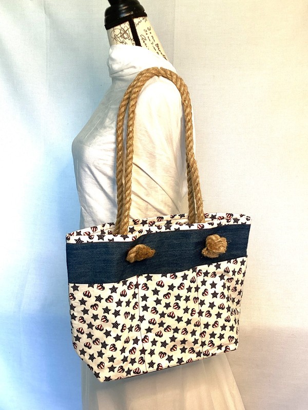 Starry Red White Blue Denim Open Top Tote with Rope Handles Hand Crafted NWT
