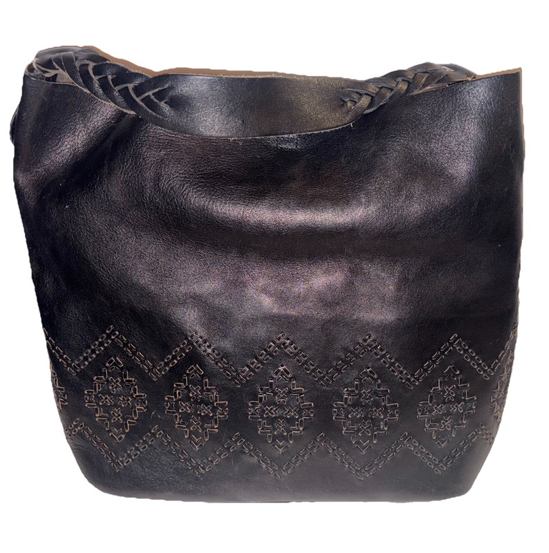Isabella Fiore Lrg Black Pebbled Leather Tote With Braided Leather/ Cutout Trim