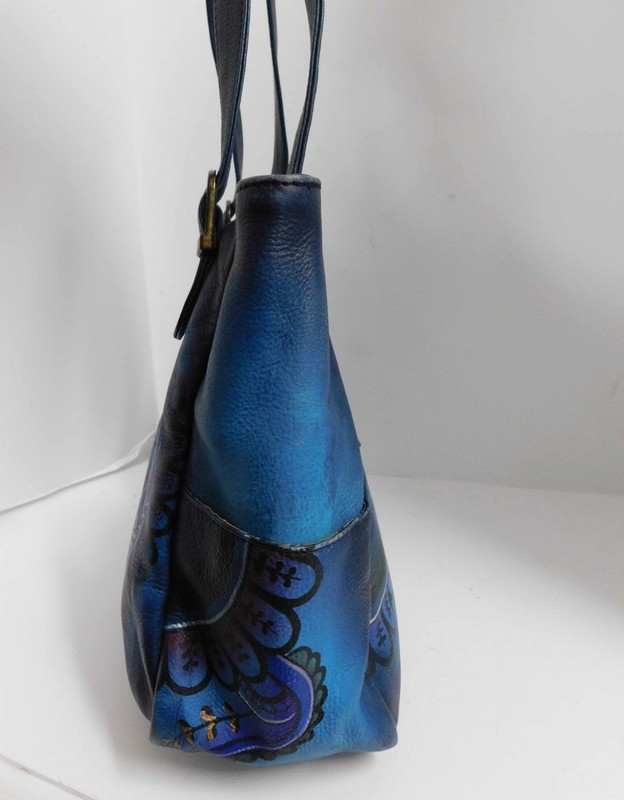 Anna By Anuschka Women's Hand Painted Blue Leather Tote Bag Purse Floral Paisley gallery