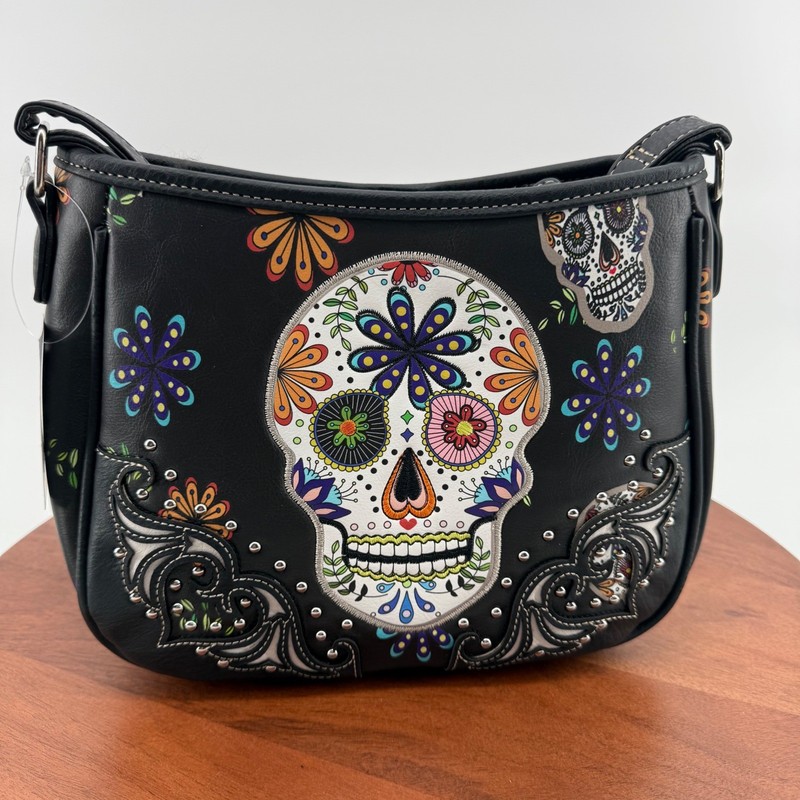 Sugar Skull Embroidered Crossbody Bag Black Floral Studded Day of the Dead
