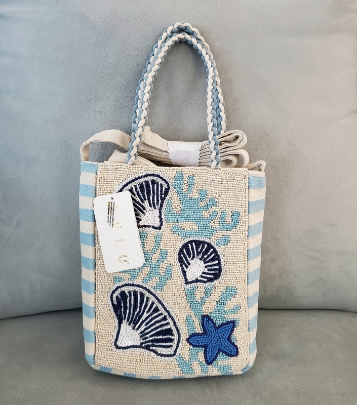 Lulu Beaded Bag Purse Sea Shells Striped Blue Beige Starfish Beach Life Theme