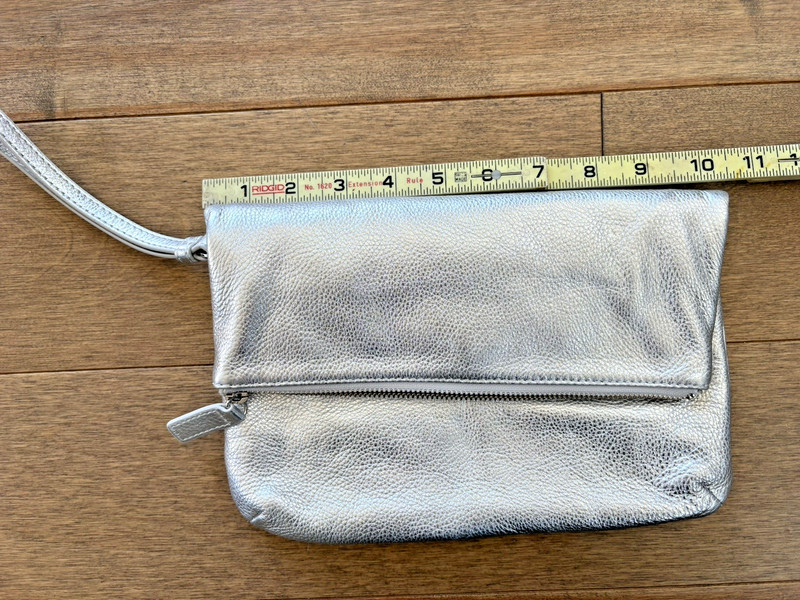 Talbots Pebbled Leather Foldover Metallic Silver Clutch NWOT Event Glam Classic gallery