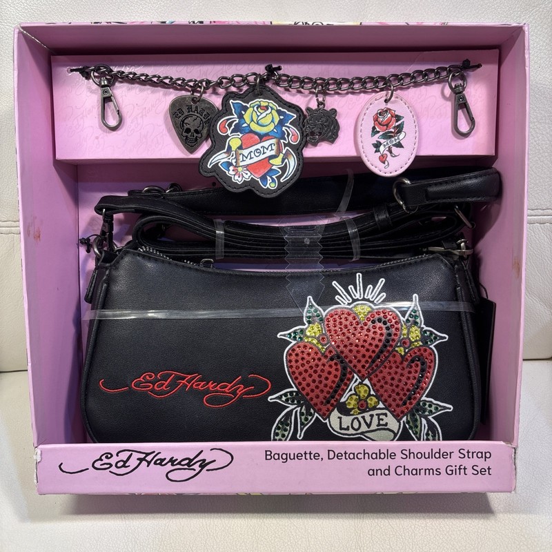 Ed Hardy Black Shoulder Bag Rhinestone Heart, Detachable Strap & Charm, Zip
