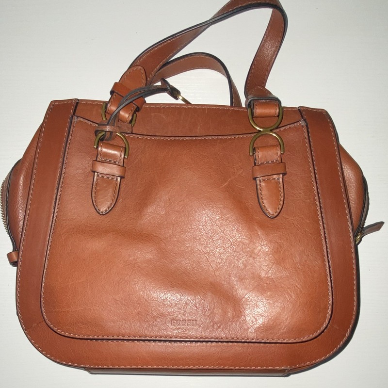 Fossil Brown Satchel/Top Handle Bag Gold Hardware Zip/Magnetic + Detach Strap