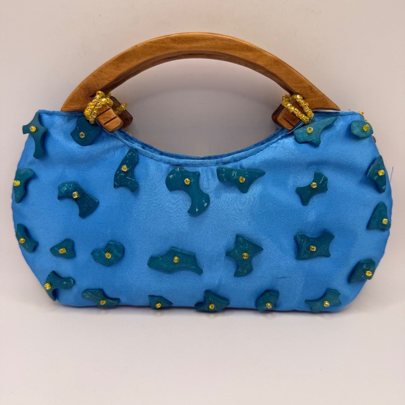 Boho Embroidered Beaded Handbag Blue Satin Floral Wood Handle Satchel Bag gallery