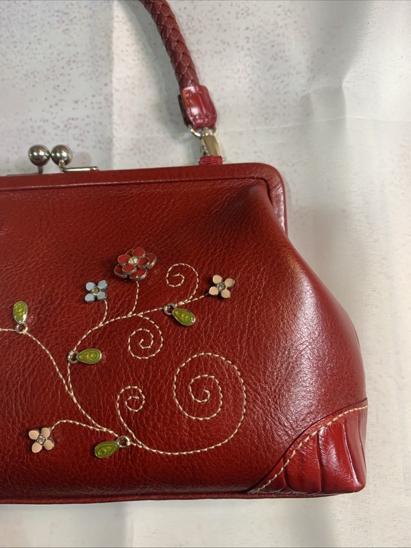 BRIGHTON TWYLA RED LEATHER Hand Bag Purse Braided Handle ENAMEL FLOWERS NEW gallery