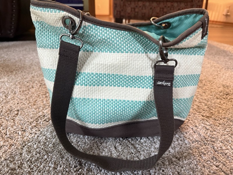 Thirty-One~Tote, Brown Canvas W Paper Straw Like Aqua & White Striped, Exc Cond!