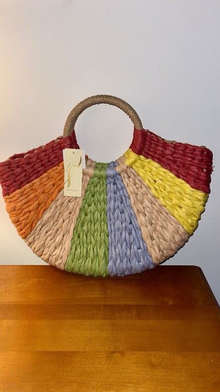 Rainbow Colorful Retro Semi-Circle Rattan Straw Bag 16″W x 13″ H x 8″ D NWT