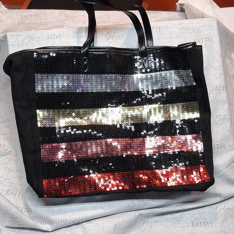Victoria’s Secret Large Black Multicolor Sequin Stripe Tote Bag for Women