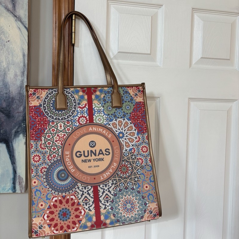 GUNAS New York Multicolored Tote Bag Bronze Straps 16”x14”x3” NEW