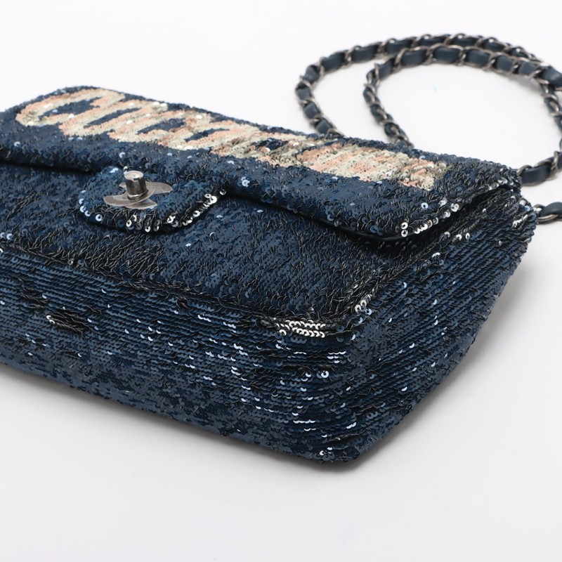 Rare ◇ CHANEL Matelassé Sequined Leather Single-Flap Double-Chain Bag, Blue Tone gallery