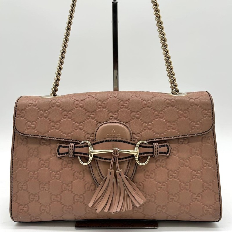 Gucci Emily Chain Shoulder Bag GG Guccissima Pink Beige Horsebit 295402 Auth Use