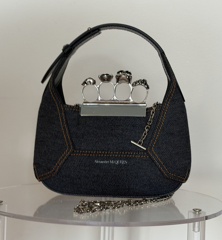 Alexander McQueen Dark Blue Knuckle Clutch Skull Handle Chain Strap Silver