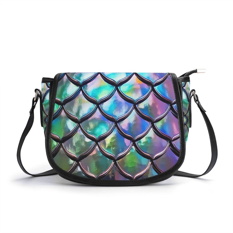 Green Mermaid Scales Genuine Leather Saddle Shoulder Bag Handbag Silver Gift