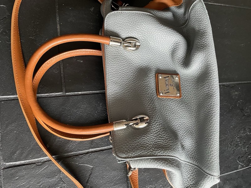 Valentina Leather Gray and Brown Shoulder Bag Purse Gold Hardware gallery