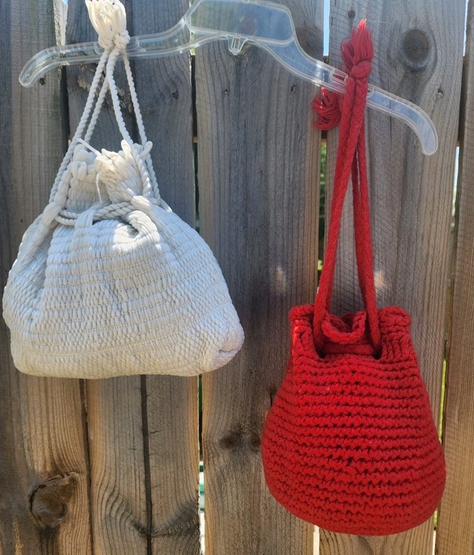 2 Vtg 1950s Handcrafted Crochet Macrame Knit Drawstring Bucket Bags Red & White