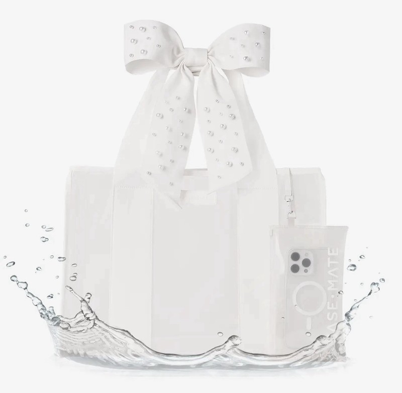 CASE-MATE Large White Waterproof Tote Bag for Women with Bow and Pearl Accents