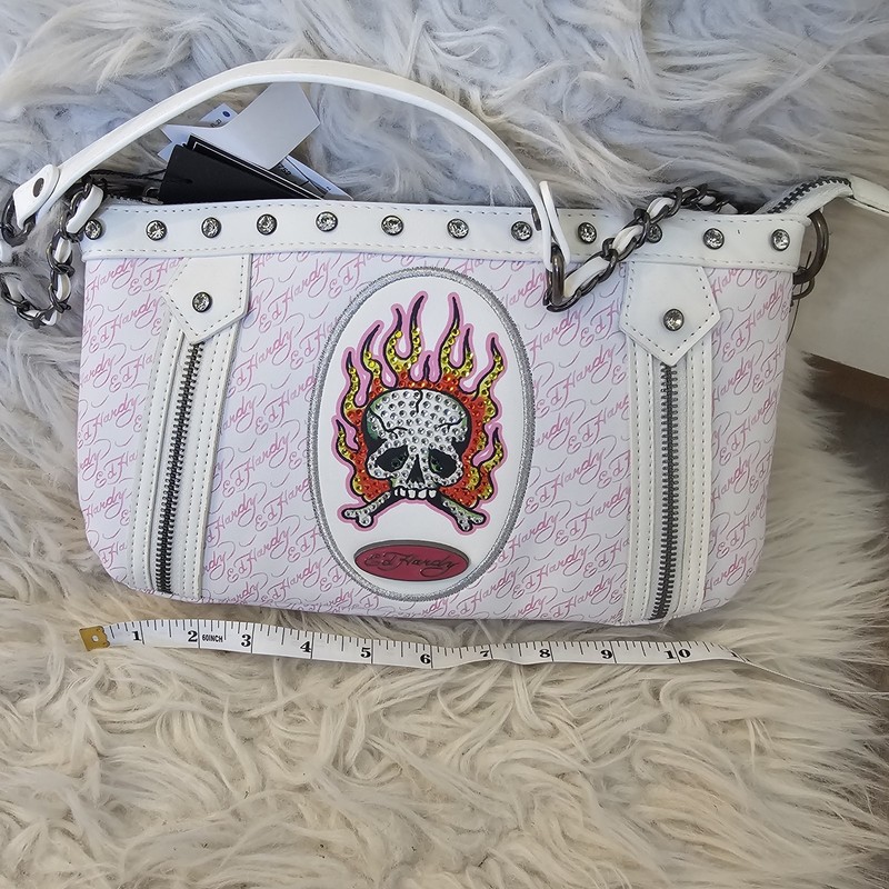 Ed Hardy White Pink Skull Flame Shoulder Bag Rhinestone Y2K Tattoo NWT NoStrap gallery