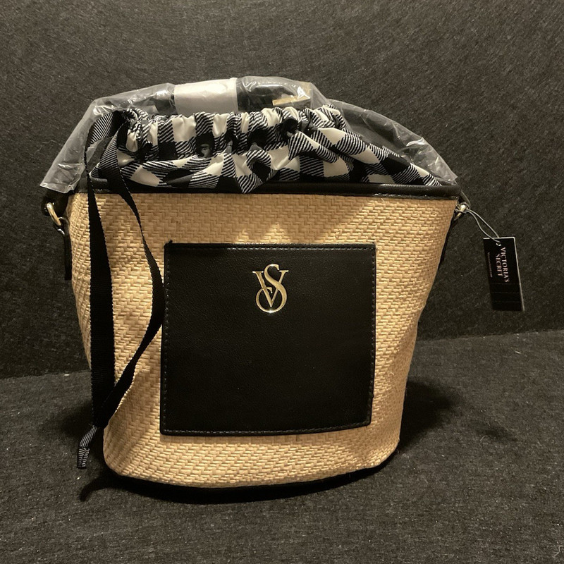 Victoria’s Secret Straw-Style Bucket Crossbody Bag Checkered Drawstring NWT