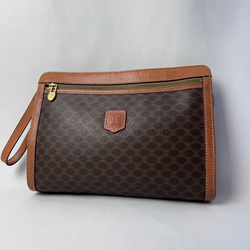 CELINE Macadam Clutch Bag Vintage PVC Leather Brown Wristlet Pouch