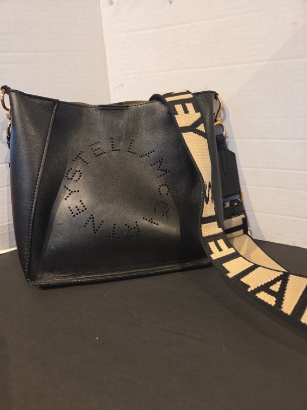Stella McCartney Black Vegan Leather Perforated Logo Crossbody Bag Purse Italy