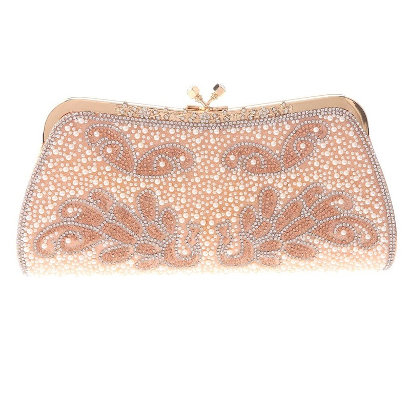 Gold Tone Metal Faux Leather Rhinestone Pearl Evening Bag PDP073-CHP