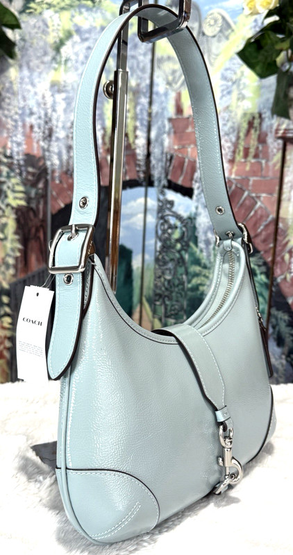 NWT COACH Hamptons Hobo Shoulder Bag CAN33 In LIGHT BLUE Crinkle patent leather gallery