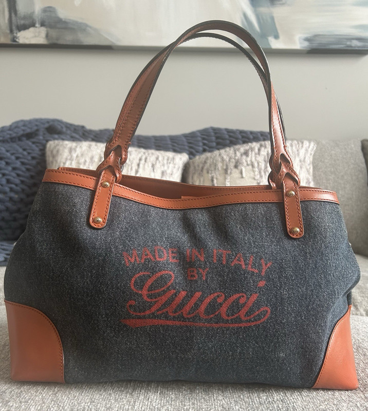 GUCCI Logo Denim Tote Bag Blue Brown Leather Trim Silver Hardware Inner Pockets