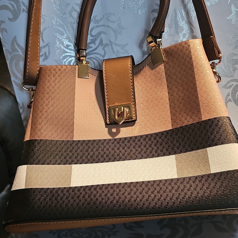 Striped Satchel Top Handle Bag for Women w/ Detachable Crossbody Strap & Zip