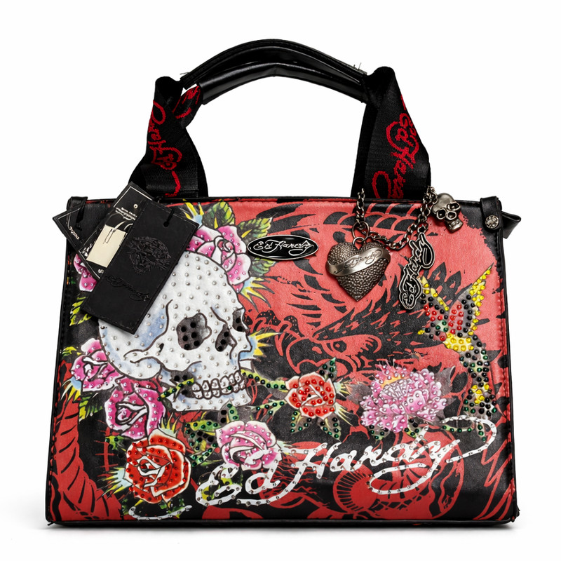 NWT Ed Hardy Skull Roses Rhinestone Satchel Bag Red Black Y2K Crossbody Charms