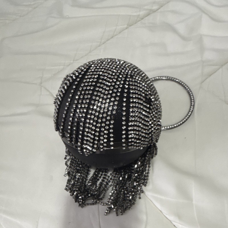 Black Rhinestone Fringe Round Clutch with Chain Strap, Silver Metallic Finish
