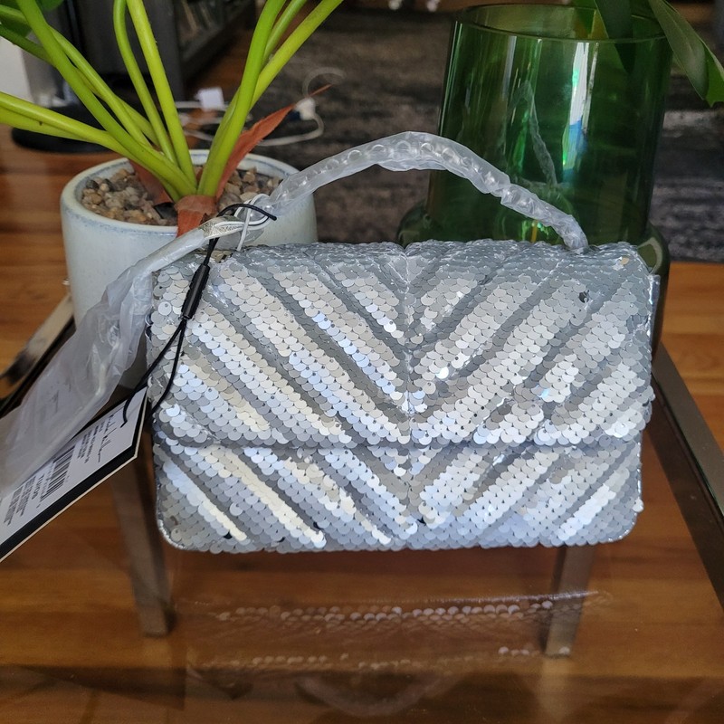 Nicole Miller Silver Sequin Handbag Chevron Quilted Crossbody Purse Evening Bag gallery