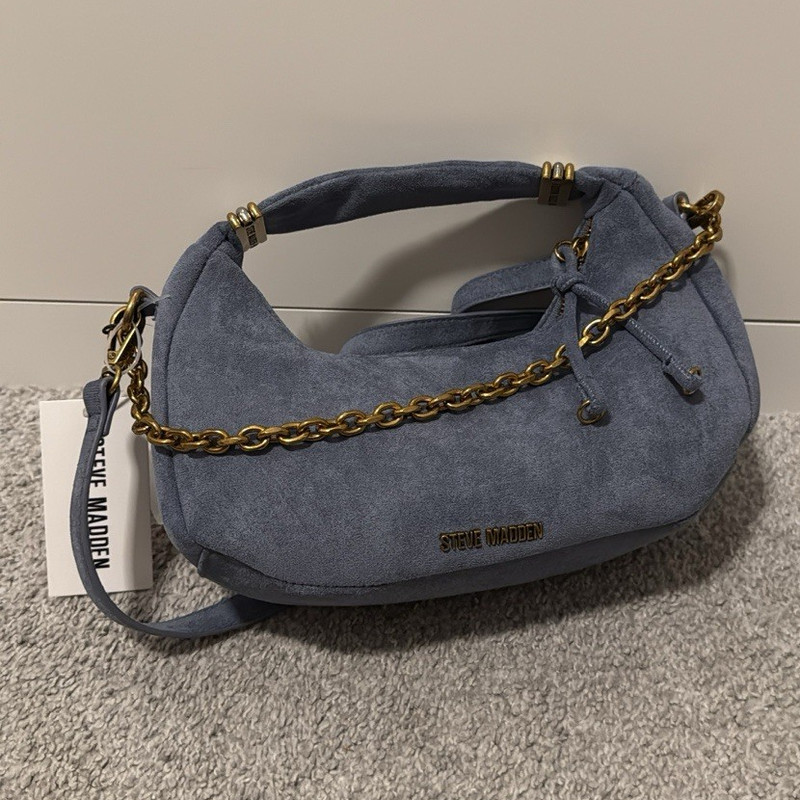 Steve Madden Blue Small Crescent Shoulder Bag Gold Chain Logo Zip Strap