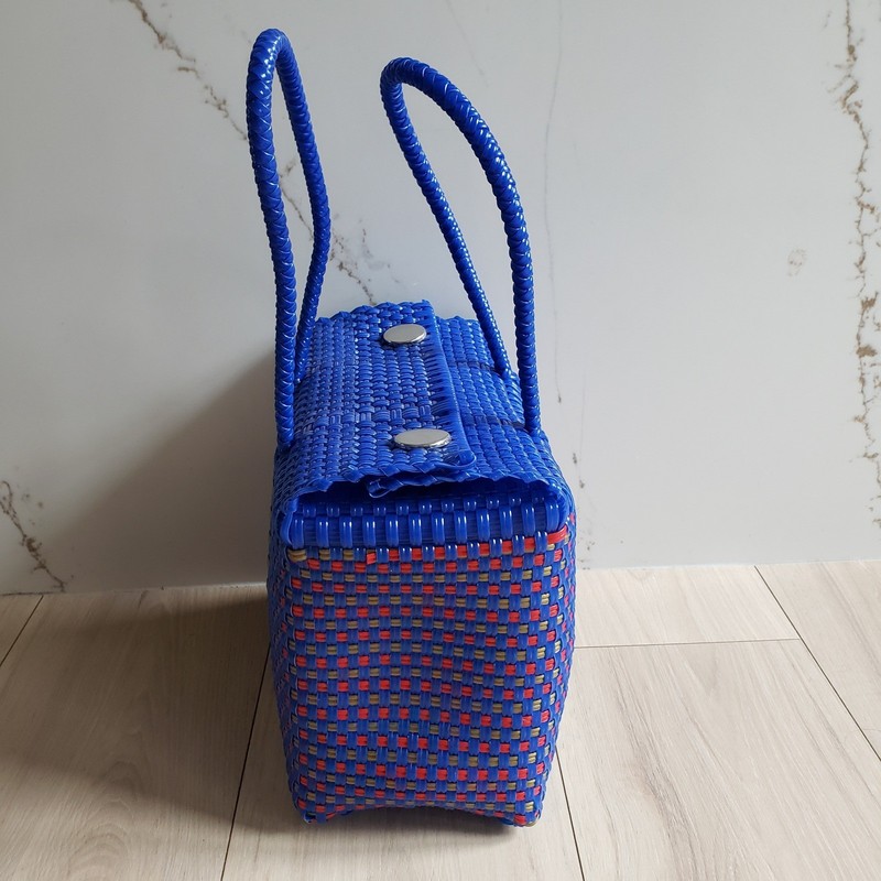 Handmade Mexican Market Tote Recycled Plastic Woven Basket Bag Blue Purple Snap gallery
