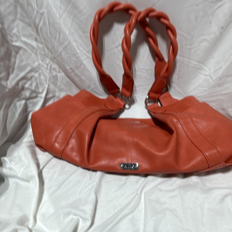 Relic Orange Shoulder Bag with Twisted Handles and Metal Logo Plate