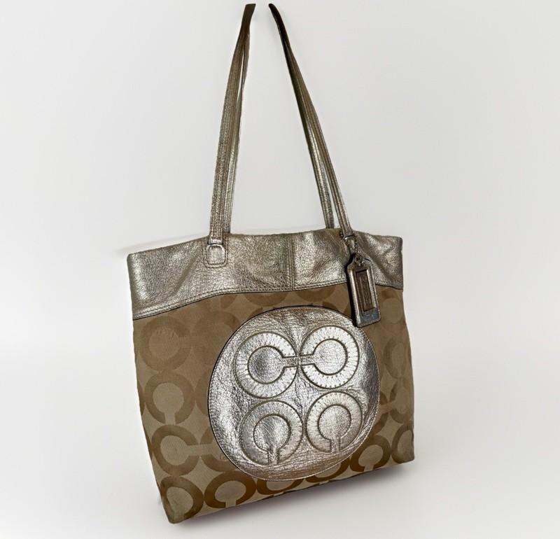 VTG COACH Y2K Julia Op Art PERRY Jacquard LTR Tote Bag 15013 TAN/METALLIC TAGSx2
